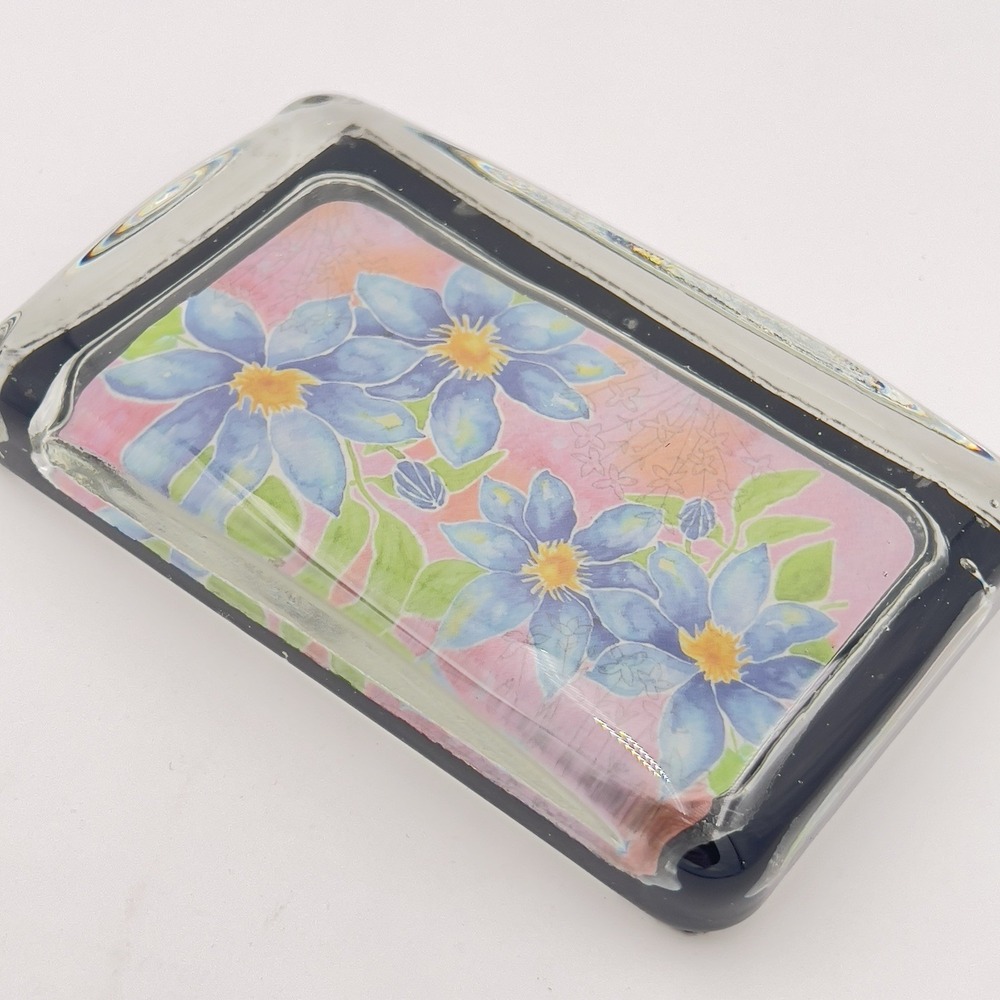 Vintage Floral Glass Paperweight Blue‎ Flowers Pink Background Desk Decor